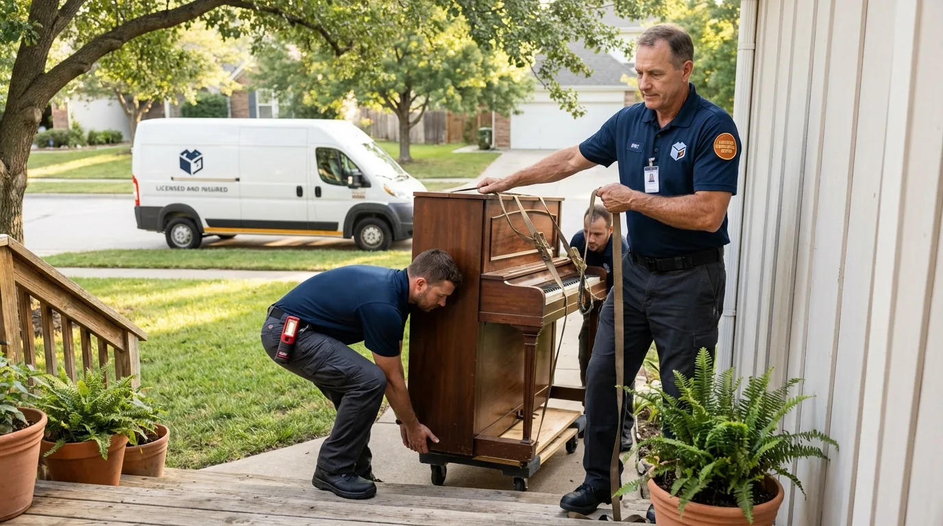 Licensed piano movers securing grand piano in Hillsdale, NJ