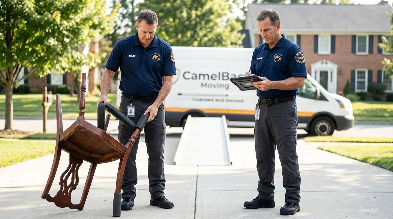 Movers inspecting furniture for damage prevention before loading in Hillsdale, NJ