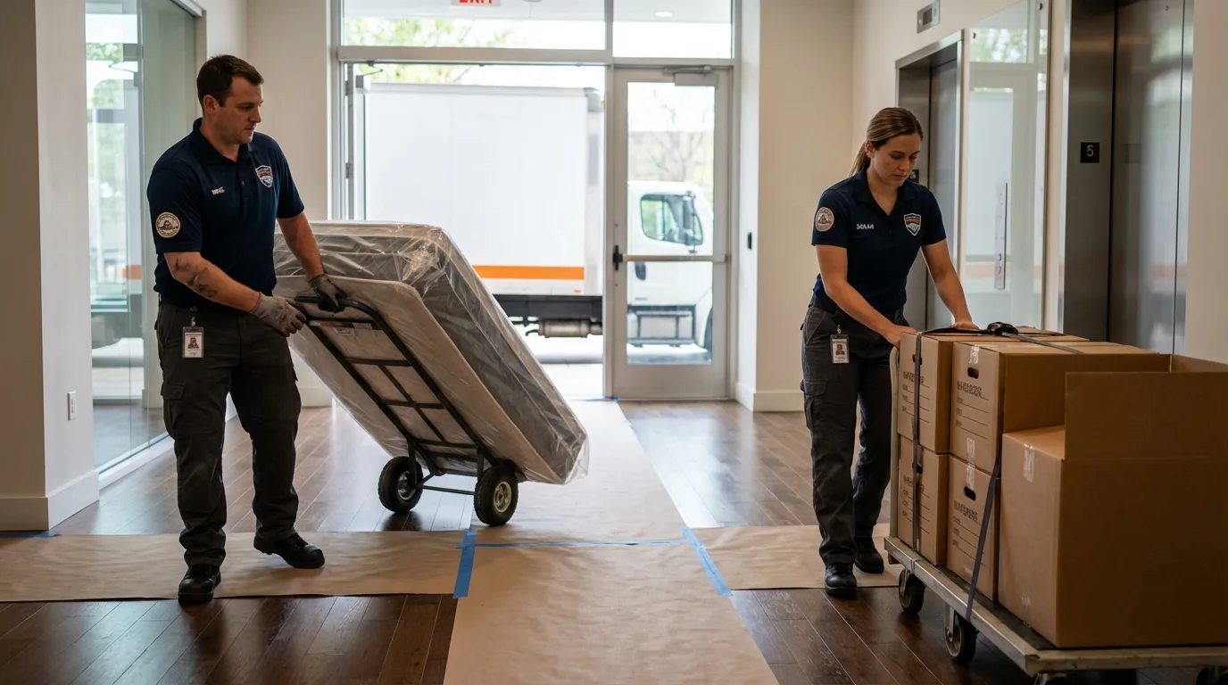 Professional apartment movers loading elevator in Hillsdale, NJ