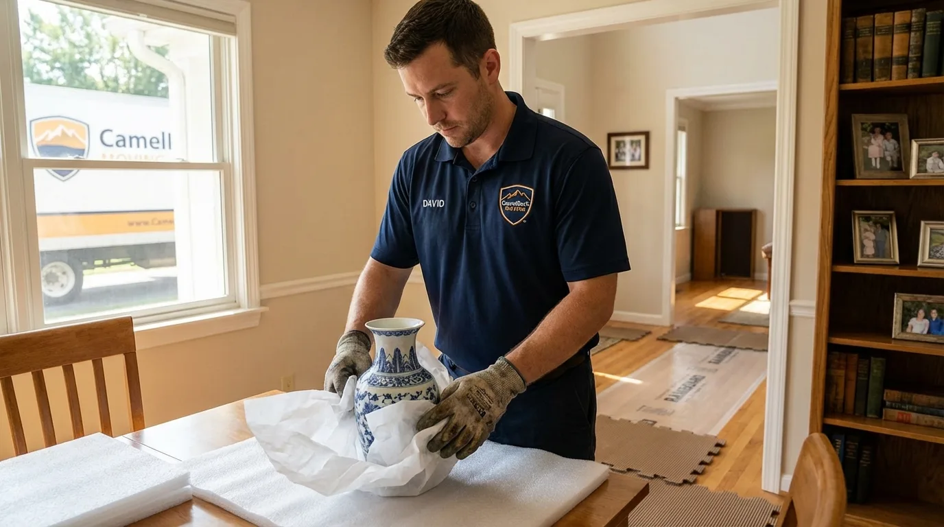 Professional crew carefully wrapping antique vase for senior downsizing move in Hillsdale, NJ